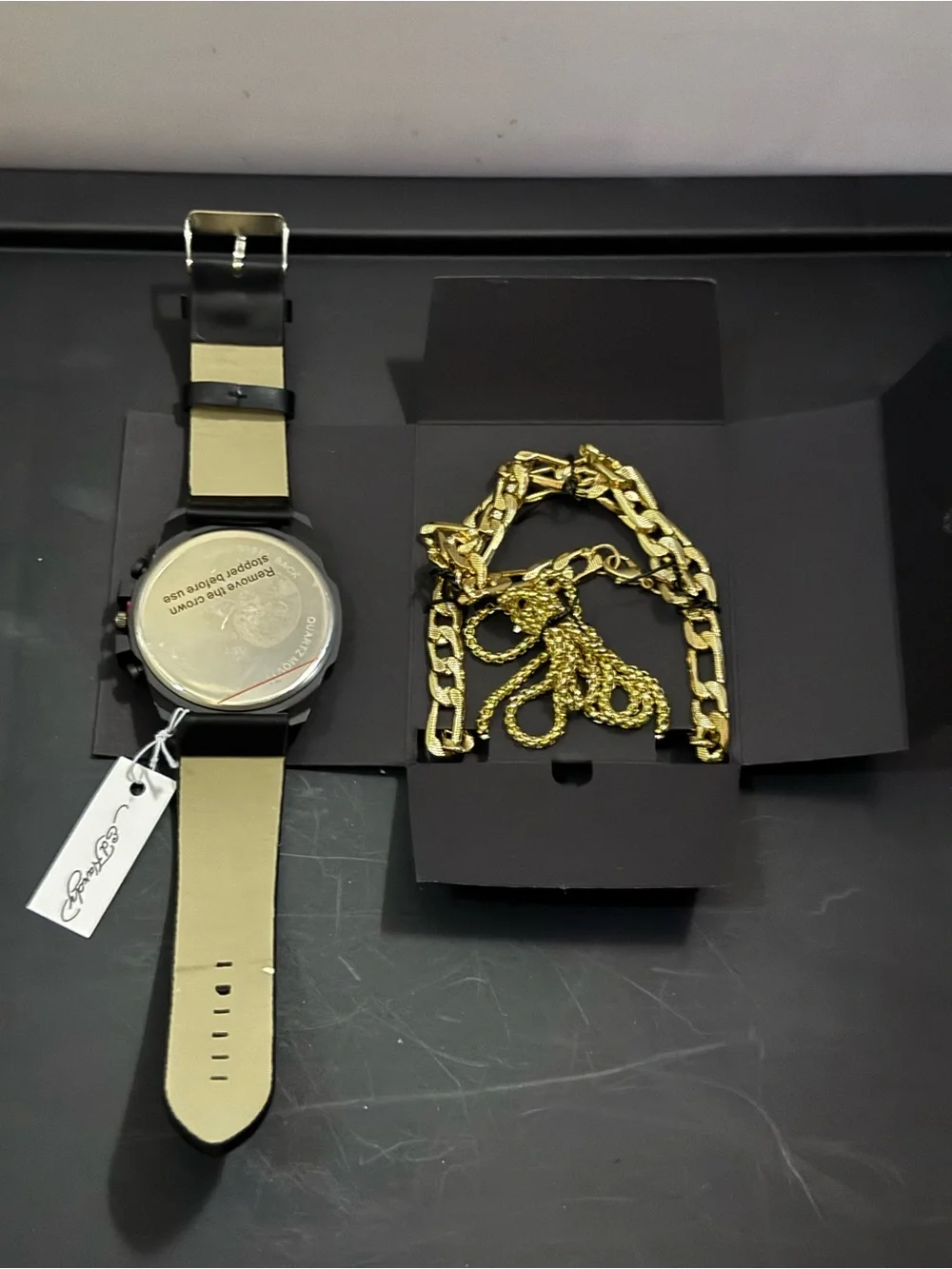 Ed Hardy Black and Gold Watch with Gold Cross Necklace Set